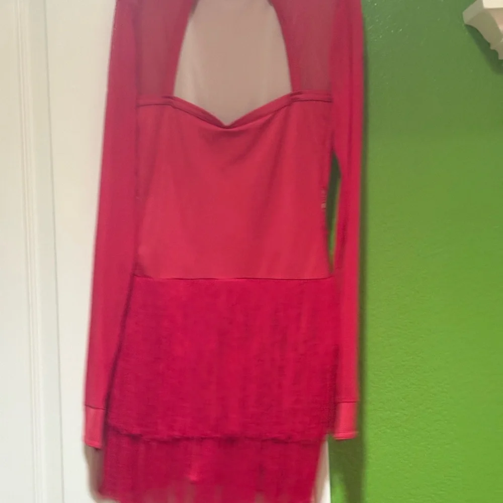 Adult Red illusion chest/sleeves dress w Lace front/Fringe bottom leo. attached. - Picture 2 of 3